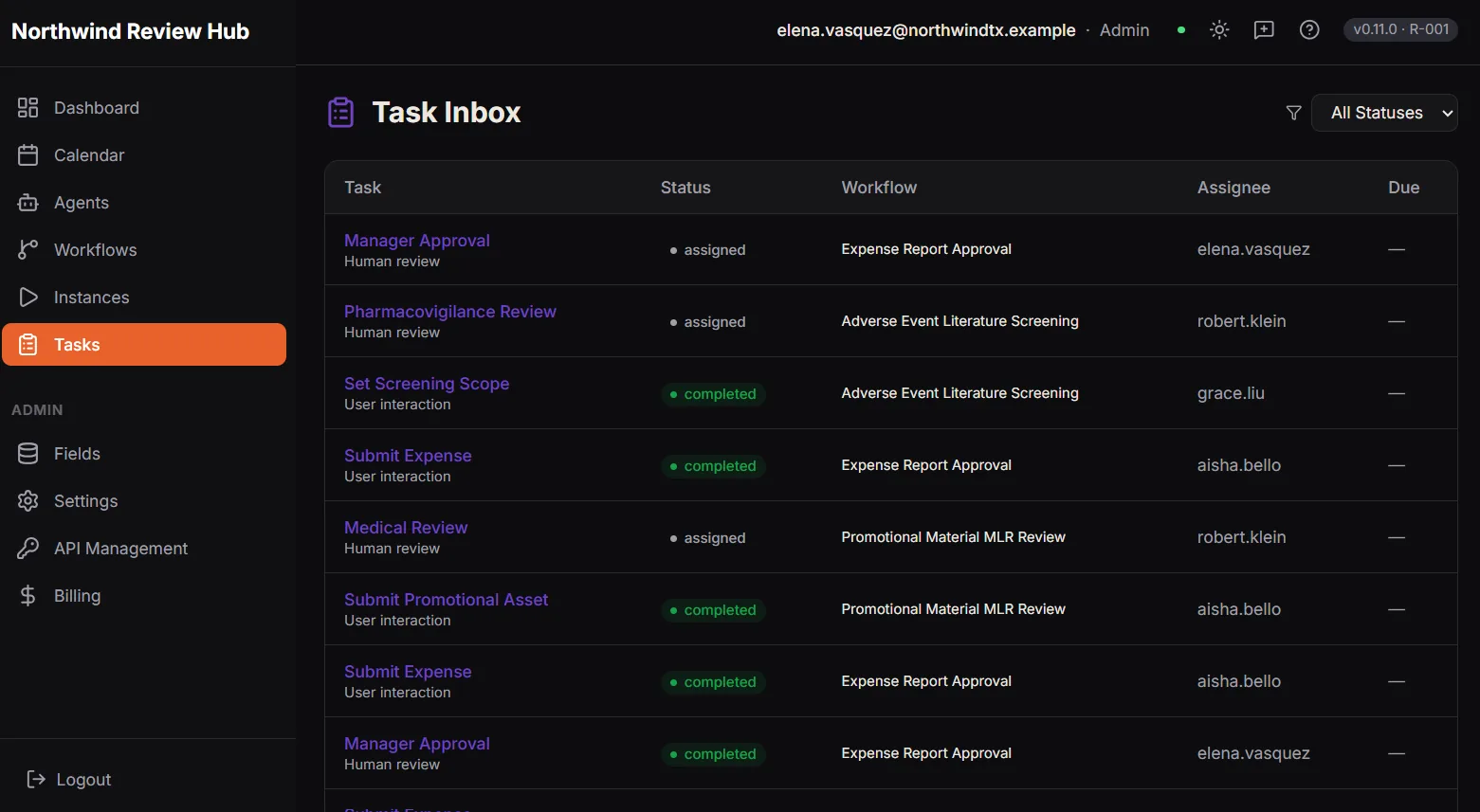 A task inbox listing work assigned to people. Each row names the task, says whether it is a human review or a user interaction, and shows its status, the workflow it belongs to and the person it is assigned to. Some rows are assigned and some are completed.
